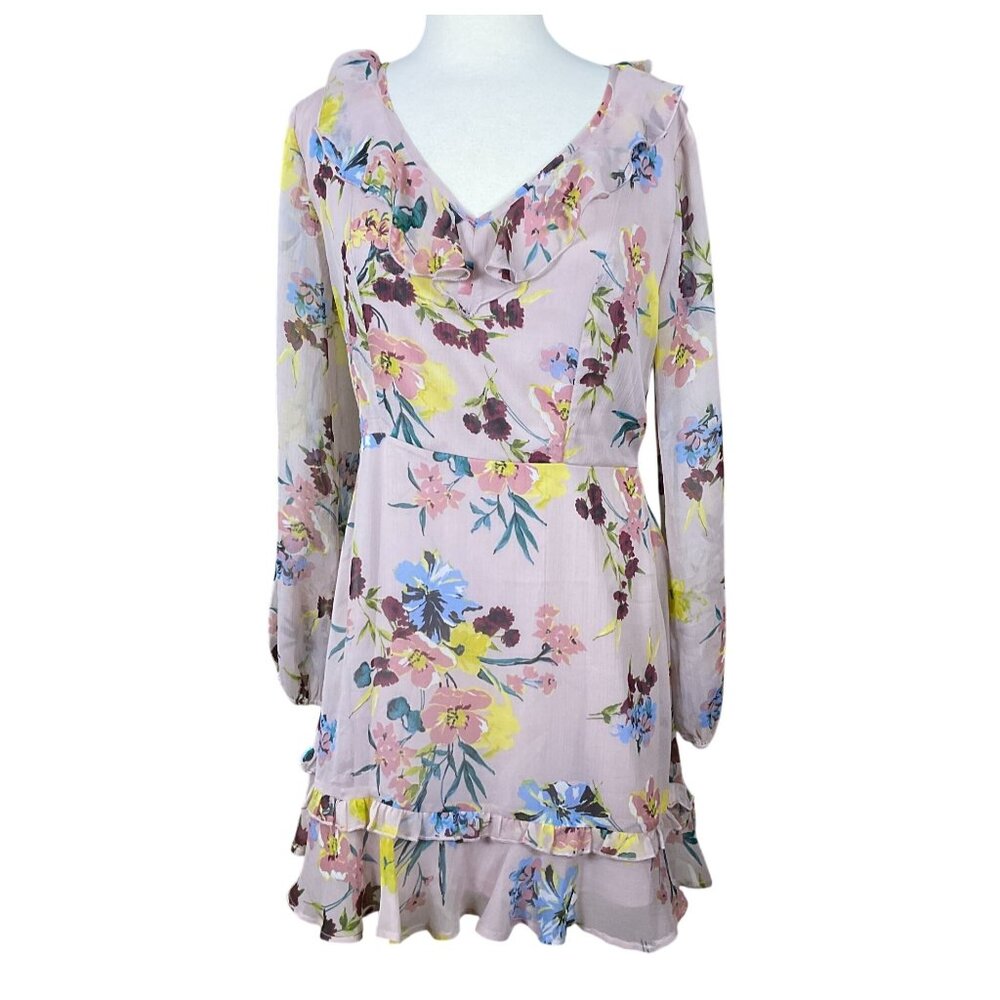 Band of Gypsies Shay LS Ruffled V-Neck Floral Print Mini Dress Tie Waist LG